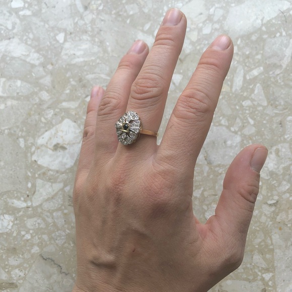 Art Deco Sapphire Ring Yellow Gold Lab Diamond Halo Vintage Ring - Picture 8 of 11